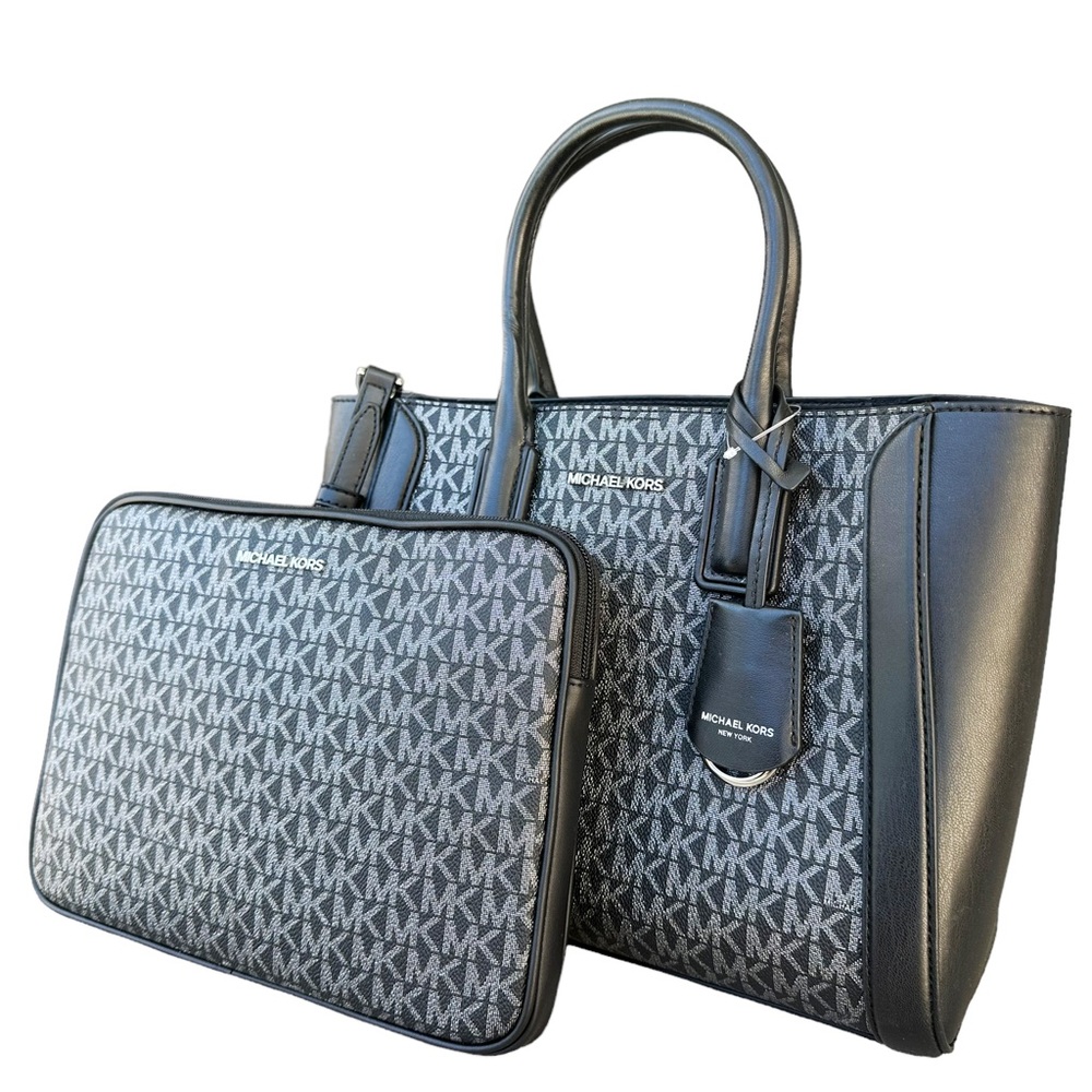 Michael Kors Kali Medium Satchel Crossbody Signature MK + Ipad Case Black Silver - Picture 6 of 9